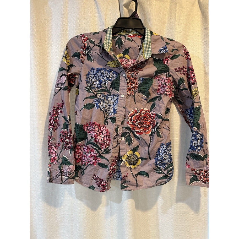 Boden Floral Button Down Shirt lavender blue green pink‎ birds women's 4R boho